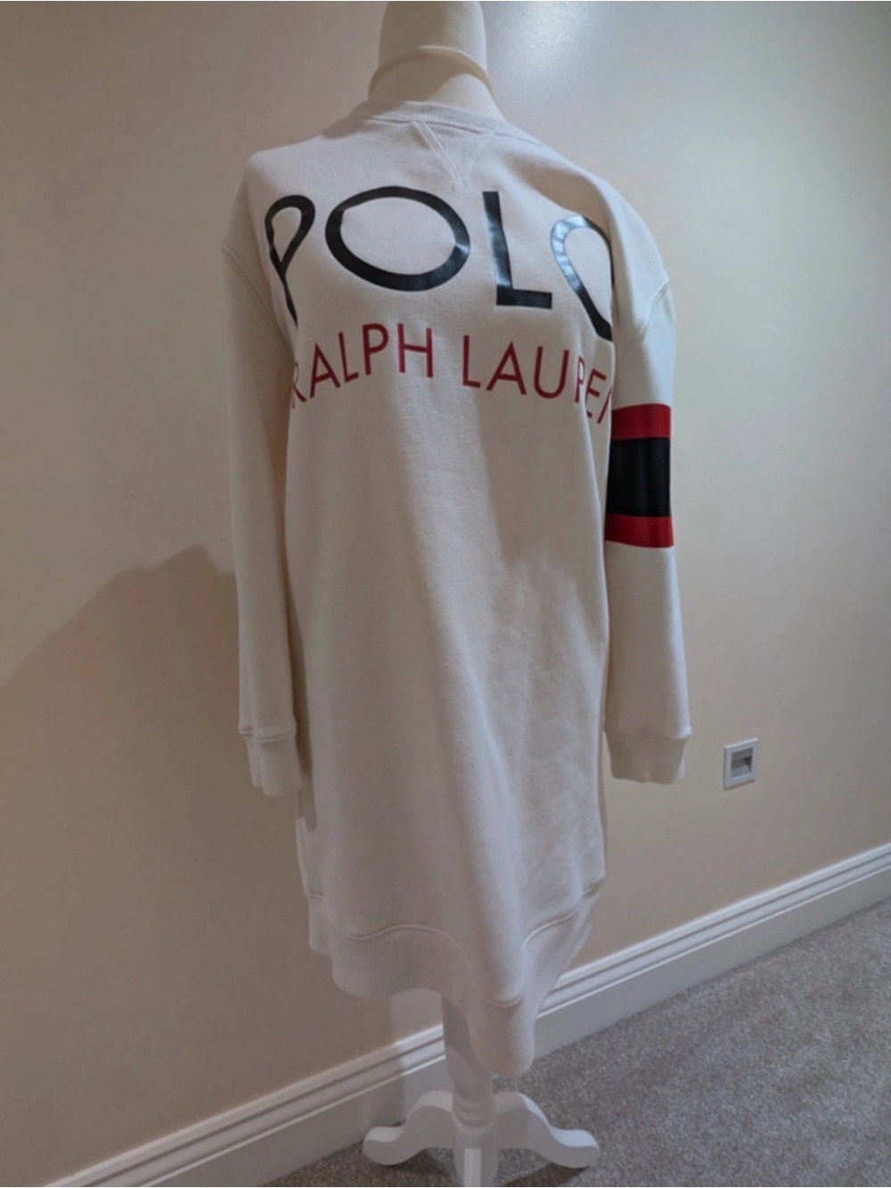 Polo Ralph Lauren White Logo Sweatshirt Dress with Red & Black Sleeve Stripe